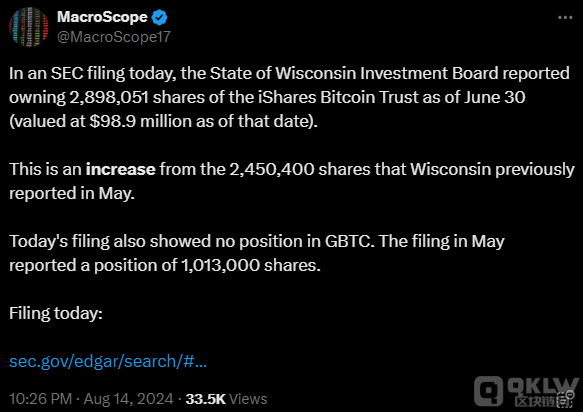 威斯康星州養(yǎng)老基金增持貝萊德BitcoinETF圖片